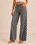 Grey Apsara Hand-Painted Checkered Wide-Leg Jeans