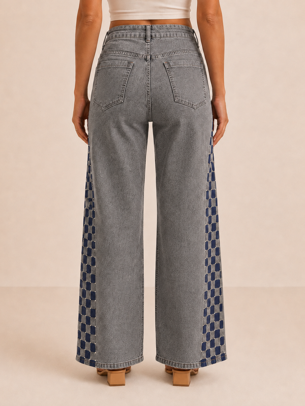 Grey Apsara Hand-Painted Checkered Wide-Leg Jeans