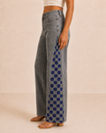 Grey Apsara Hand-Painted Checkered Wide-Leg Jeans