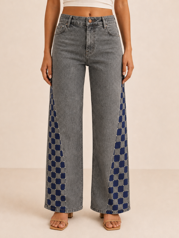 Grey Apsara Hand-Painted Checkered Wide-Leg Jeans