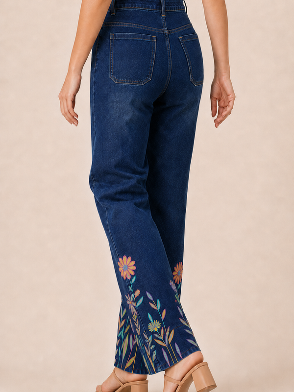 Blue Gulmohar Hand-Painted Wide-Leg Jeans