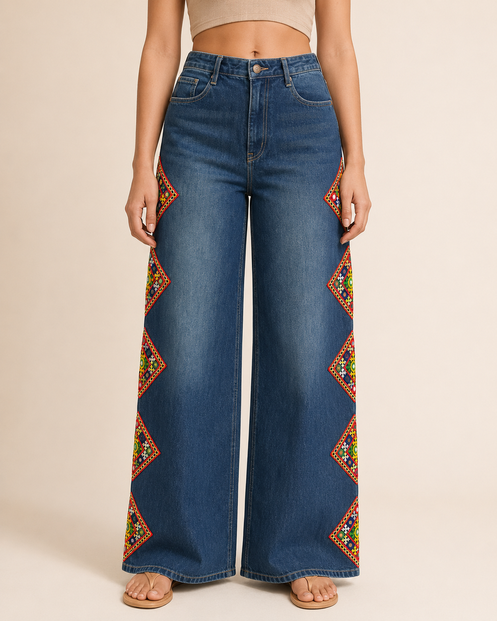 Blue Rangili Kutch-Work Wide-Leg Jeans