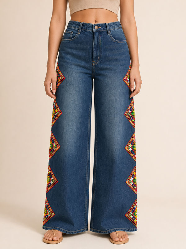 Blue Rangili Kutch-Work Wide-Leg Jeans
