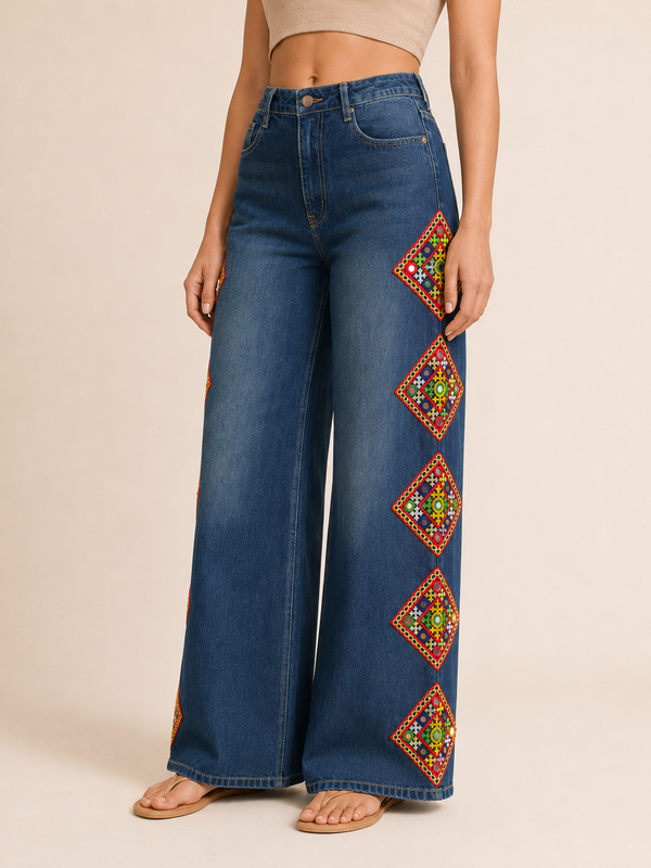 Blue Rangili Kutch-Work Wide-Leg Jeans