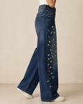 Dark Blue Floral Hand-Embroidered Jeans