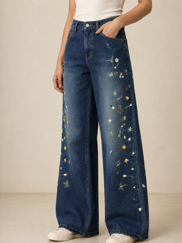 Dark Blue Floral Hand-Embroidered Jeans
