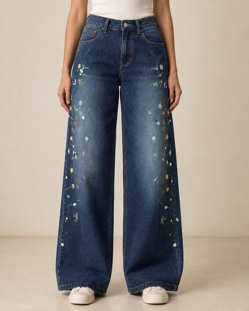 Dark Blue Floral Hand-Embroidered Jeans