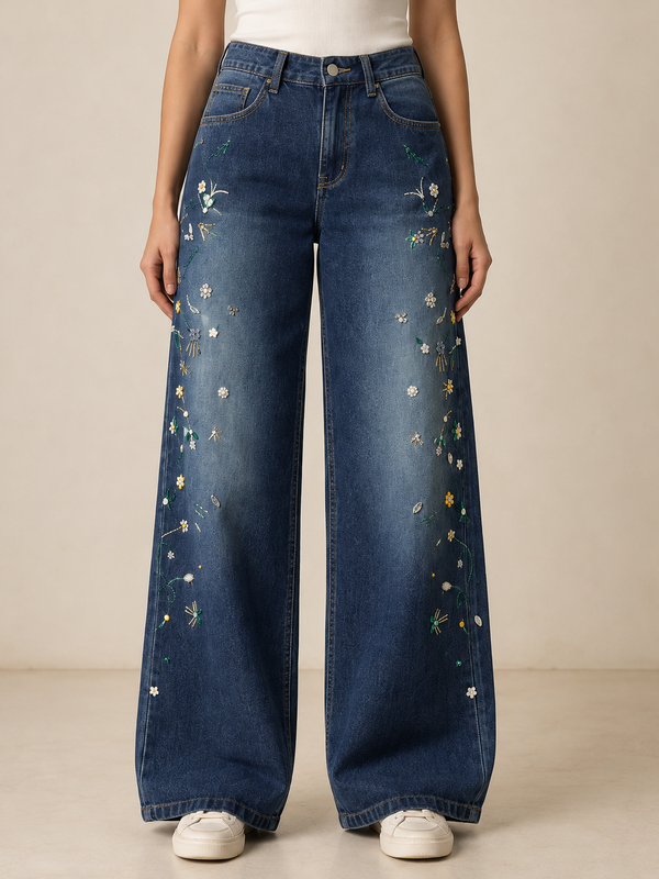 Dark Blue Floral Hand-Embroidered Jeans