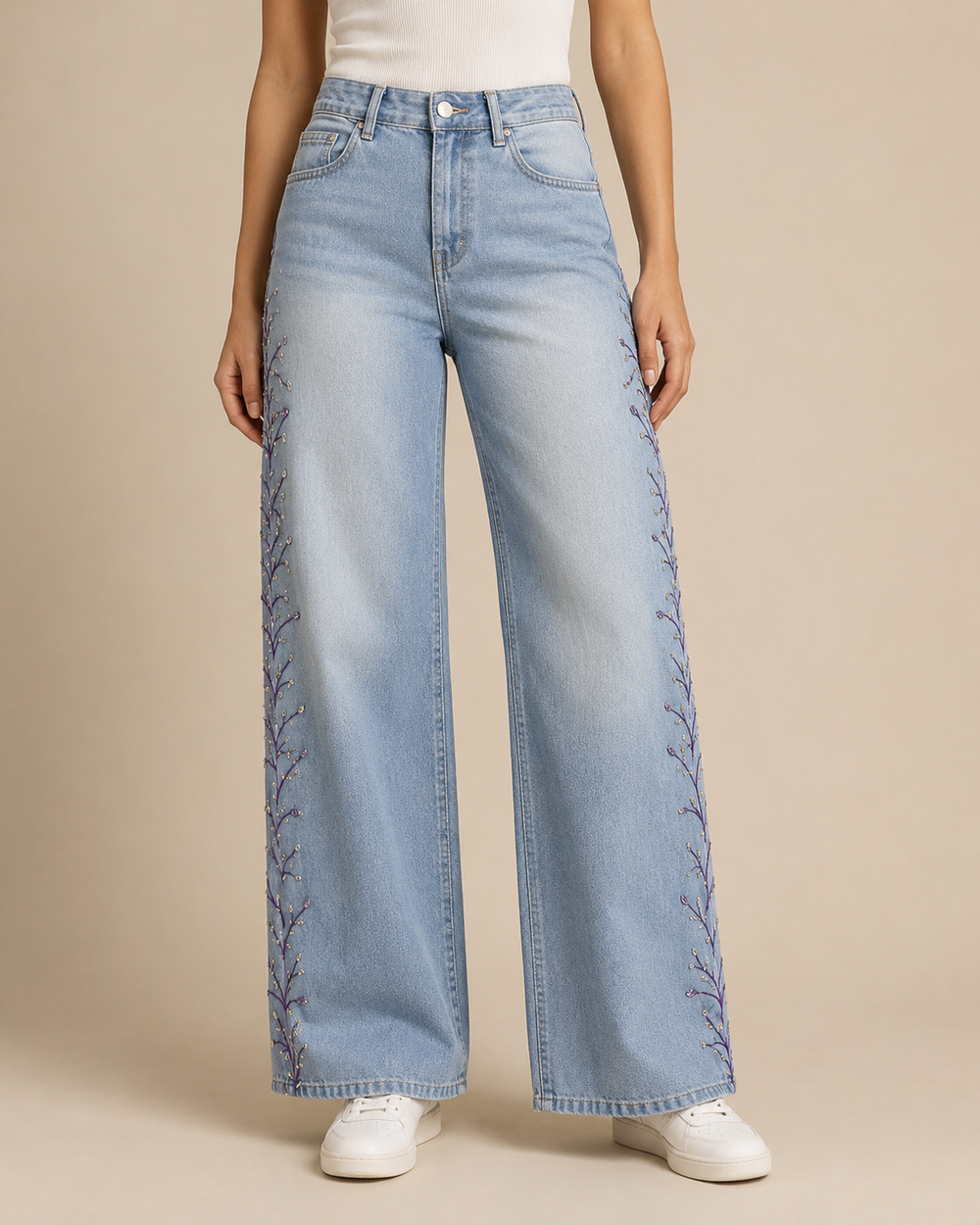 Blue Sitara Wide-Leg Jeans with Hand Embroidery