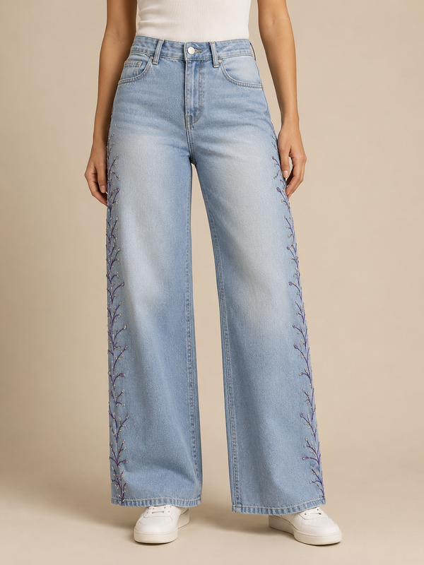 Blue Sitara Wide-Leg Jeans with Hand Embroidery