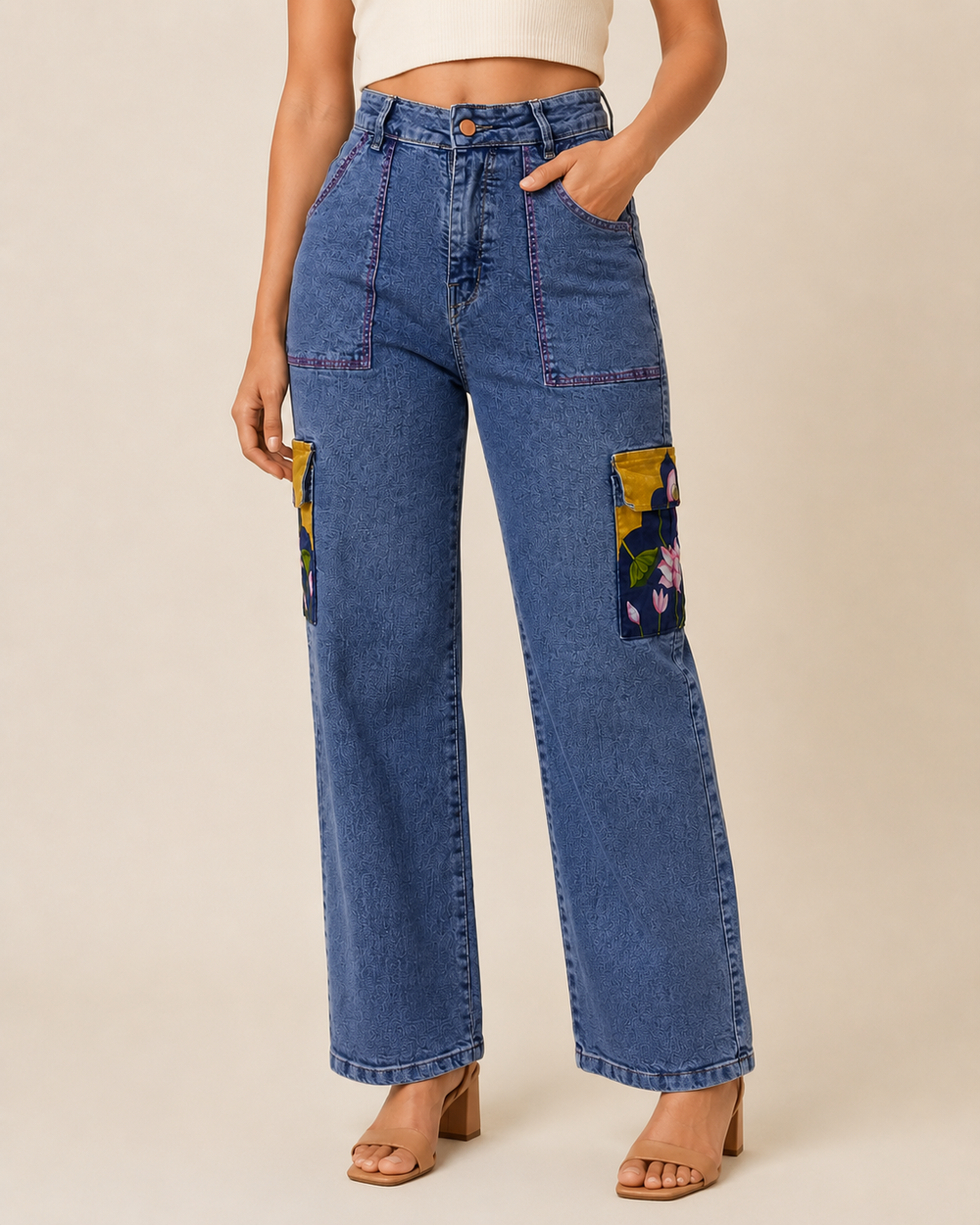 Blue Kishori Hand-Painted Cargo Jeans