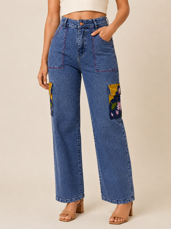 Blue Kishori Hand-Painted Cargo Jeans