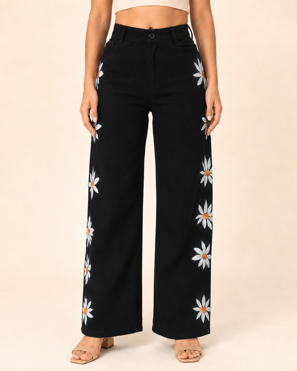 Black Pyaari Hand-Painted Wide-Leg Jeans