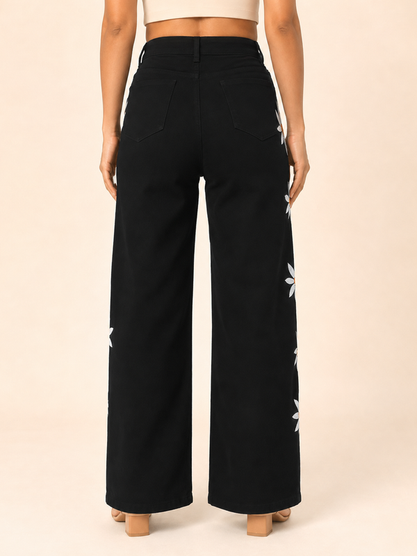 Black Pyaari Hand-Painted Wide-Leg Jeans