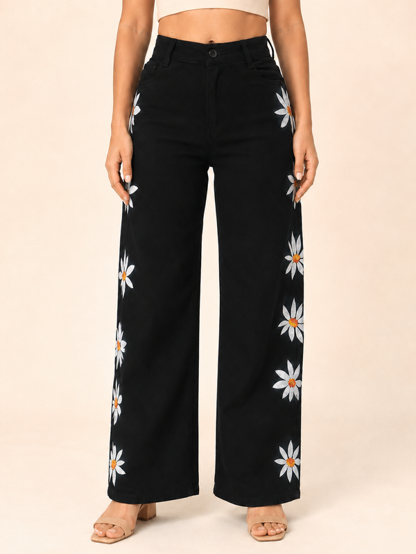 Black Pyaari Hand-Painted Wide-Leg Jeans