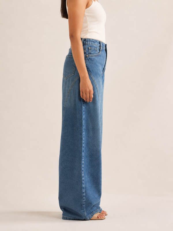 Blue Sculpted-Panel Barrel-Leg Jeans