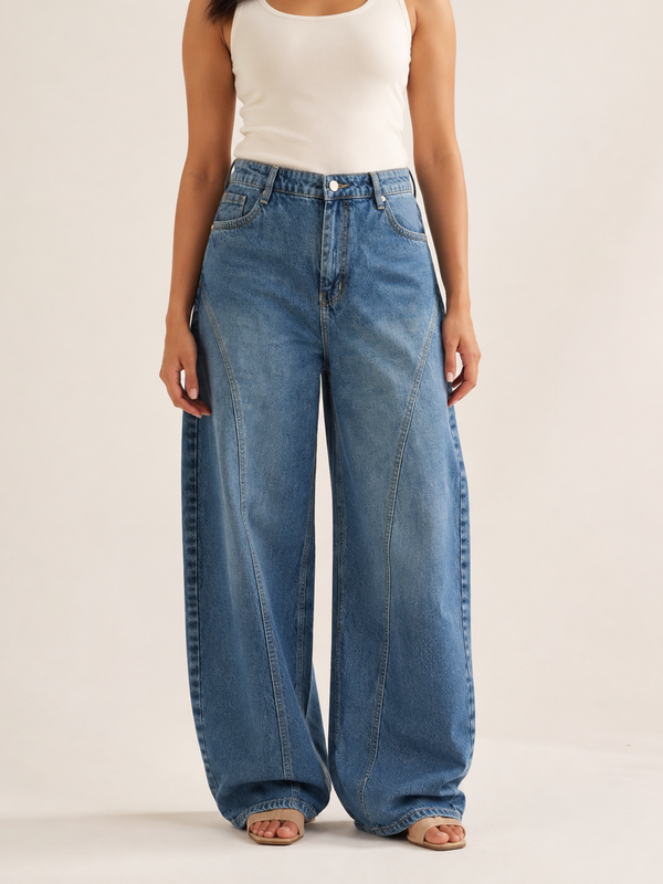 Blue Sculpted-Panel Barrel-Leg Jeans