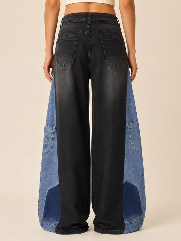 Black Sundari Upcycled Patchwork Wide-Leg Jeans