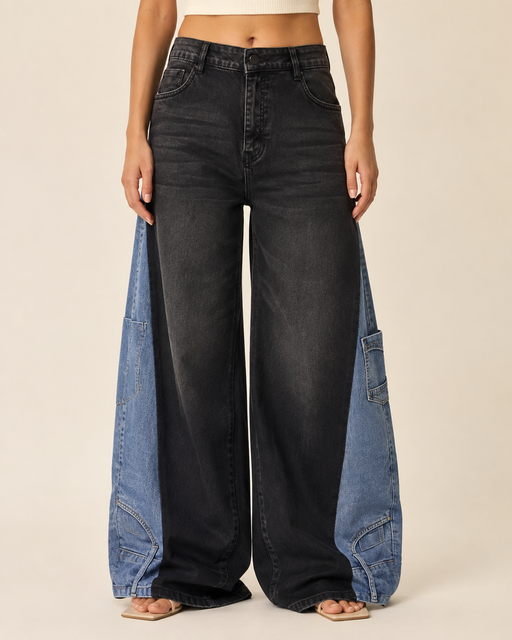 Black Sundari Upcycled Patchwork Wide-Leg Jeans