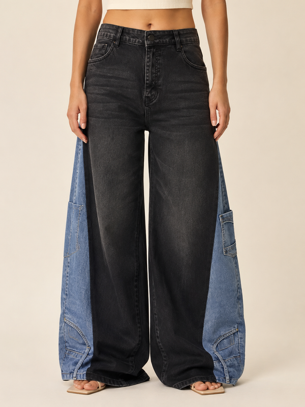Black Sundari Upcycled Patchwork Wide-Leg Jeans
